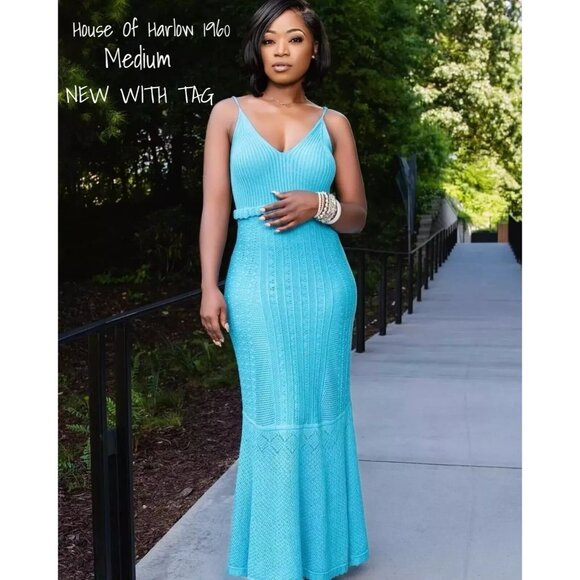 House of Harlow 1960 Maxi Dress Knit V-Neck Spaghetti Straps Medium New With Tag - Picture 1 of 3